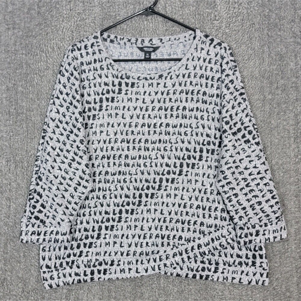 Simply Vera Vera Wang Blouse Womens M Gray Dolman Sleeve LOVE All Over Print Top